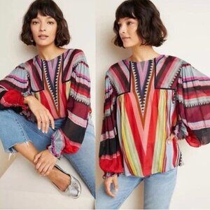 Anthropologie x Bl^nk London Miranda Peasant‎ Geometric Blouse Women’s Size XS